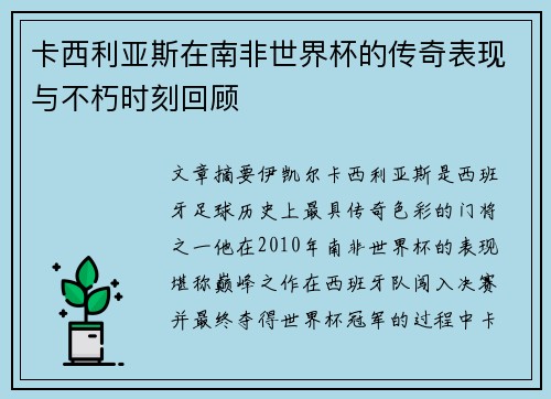 卡西利亚斯在南非世界杯的传奇表现与不朽时刻回顾 卡西利亚斯在南非世界杯的传奇表现与不朽时刻回顾